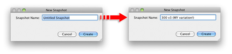 pasting a copied preset name into the active field in the new snapshot window