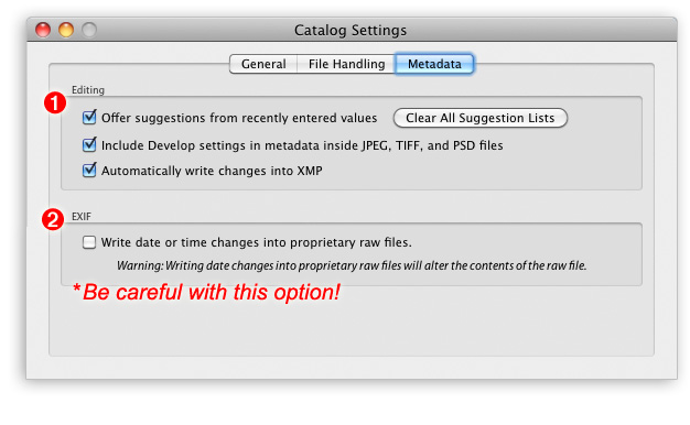 the metadata tab in the lightroom catalog settings panel