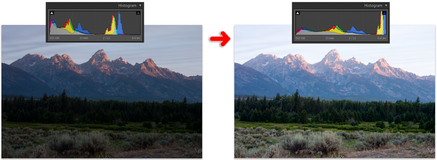 exposure changes as illustrated within the lightroom histogram panel